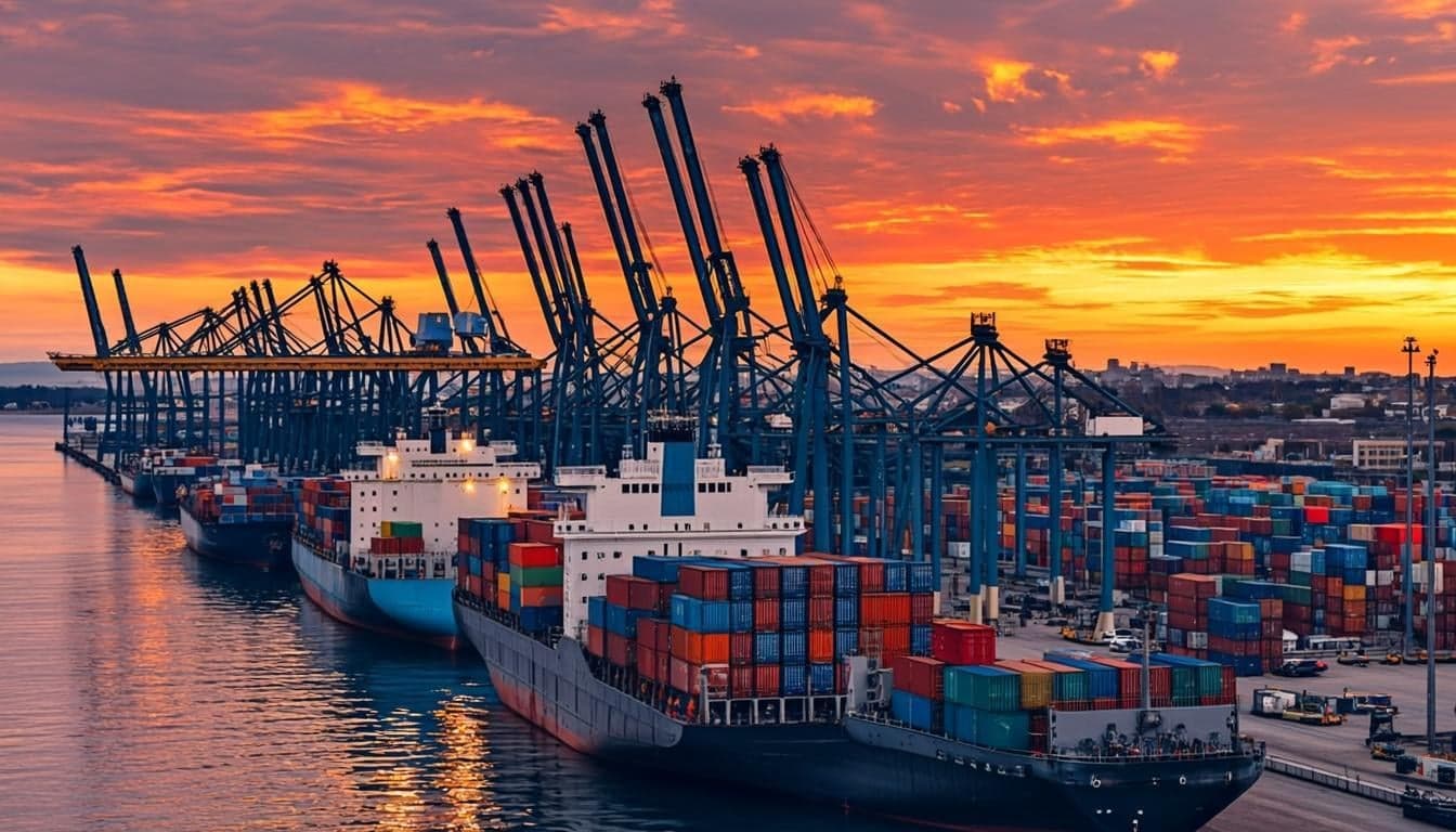 Commercial cargo ship docked at container terminal at sunset
