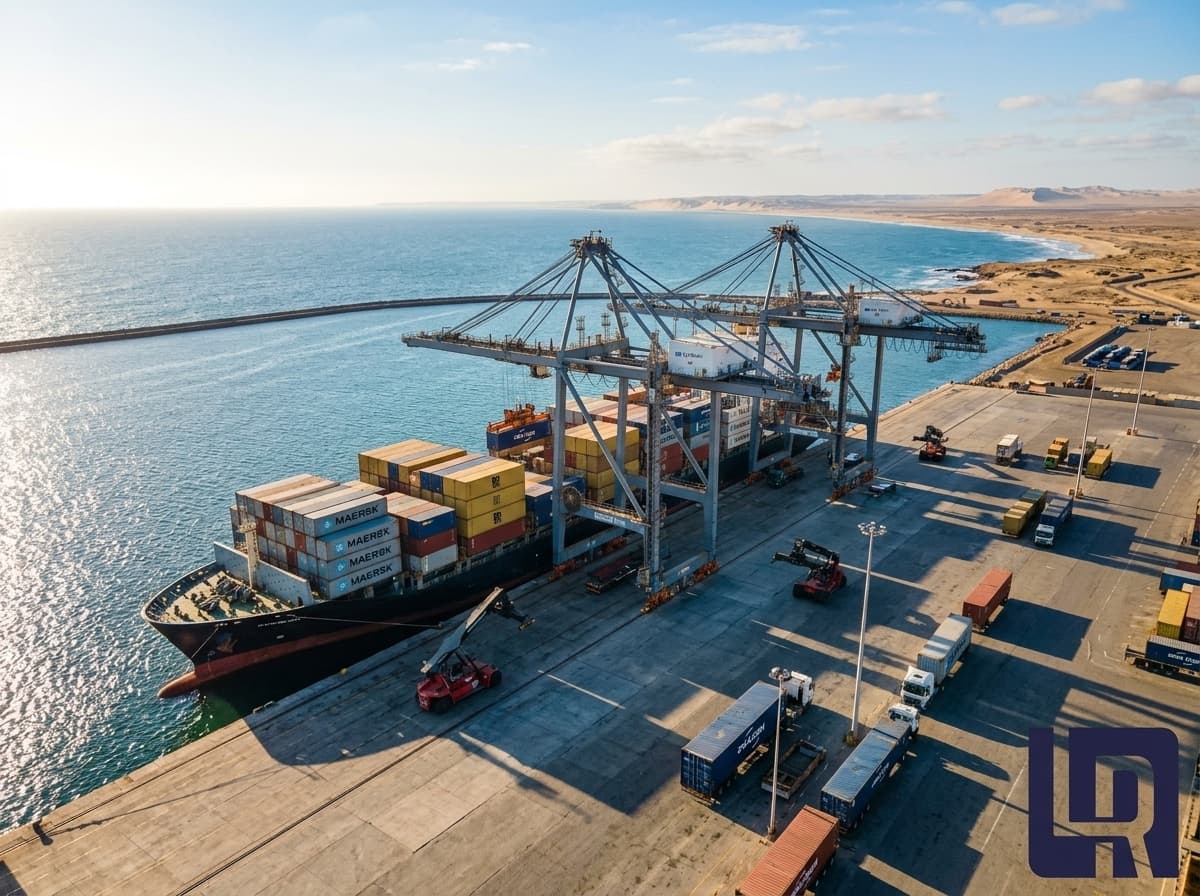 Container ship being loaded at a port terminal
