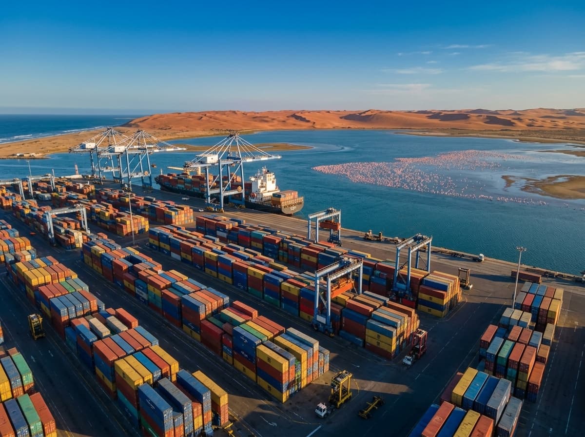 Aerial view of Walvis Bay port container terminal