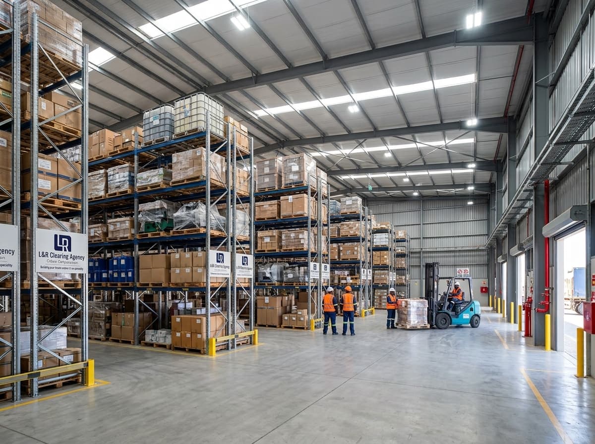 Warehouse interior with storage racks at a distribution center